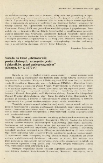 Narada na temat "Ochrona w&oacute;d powierzchniowych, szczeg&oacute;lnie jezior i zbiornik&oacute;w, przed zanieczyszczeniem" (Olsztyn, 8-9 X 1979 r.)