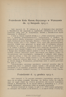Posiedzenie Koła Matem.-fizycznego w Warszawie dn.15 listopada 1913 r.