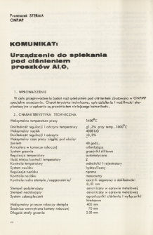 Komunikat : urządzenie do spiekania pod ciśnieniem proszk&oacute;w Al2O3 = Report: on equipment for Al2O3 powders sintering under pressure