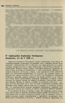IV Og&oacute;lnopolska Konferencja Teriologiczna (Karniowice, 23-26 V 1988 r.)
