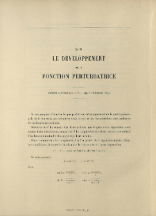 Sur le développement de la fonction perturbatrice ( Bull. astron., T. 14, 1897, p. 449-466 )