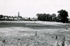 Widok na pola z grodziska na zachód, widoczna wieża kościoła pw. Św. Gotarda