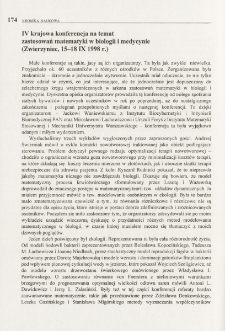 IV krajowa konferencja na temat zastosowań matematyki w biologii i medycynie (Zwierzyniec, 15-18 IX 1998 r.)