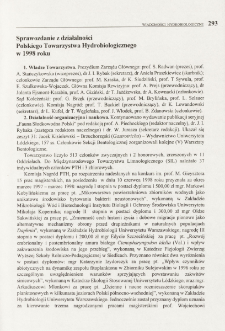 Sprawozdanie z działalności Polskiego Towarzystwa Hydrobiologicznego w 1998 roku