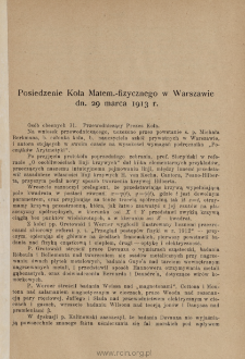 Posiedzenie Koła Matem.-fizycznego w Warszawie dn. 29 marca 1913 r.