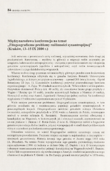 Międzynarodowa konferencja na temat "Fitogeograficzne problemy roślinności synantropijnej" (Krak&oacute;w, 13-15 IX 2000 r.)