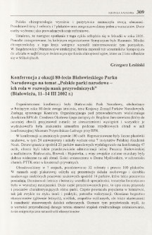 Konferencja z okazji 80-lecia Białowieskiego Parku Narodowego na temat "Polskie parki narodowe - ich rola w rozwoju nauk przyrodniczych" (Białowieża, 11-14 III 2002 r.)