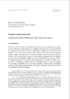 Negation raising and mood. A corpus-based study of Polish sądzić &lsquo;think&rsquo; and wierzyć &lsquo;believe&rsquo;