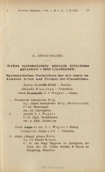 Wykaz systematyczny znanych dotychczas gatunk&oacute;w i form Clausiliid&oacute;w