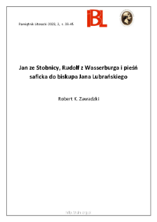 Jan ze Stobnicy, Rudolf z Wasserburga i pieśń saficka do biskupaJana Lubrańskiego