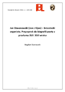 Jan Dzwonowski (Jan z Kijan) – brzostecki organista. Przyczynek do biografii poety z przełomu XVI i XVII wieku