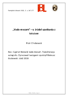 &bdquo;Vade-mecum&rdquo; &ndash; u źr&oacute;deł spotkania z tekstem