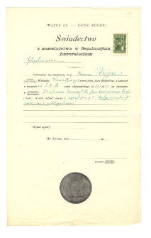 Świadectwo z uczestnictwa w Seminarium filozoficznym Hermana Ungaraz roku akad. 1923/24 bez zaliczenia