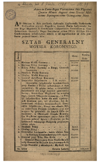 Sztab Generalny Woyska Koronnego : [oblata] : Actum In Curia Regia Varsaviensi Die Vigesima Quarta Mensis Augusti Anno Domini Millesimo Septingentesimo Octuagesimo Nono.