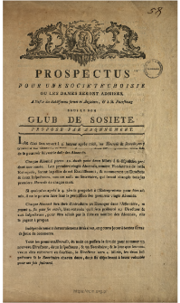 Prospectus Pour Une Societ&eacute; Choisie Ou Les Dames Seront Admises, A l'instar des &eacute;tablissemens form&eacute;s en Angleterre & &agrave; St. Petersbourg Sous Le Nom Glub De Sosiete, Propos&eacute; Par Abonnement.