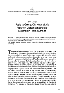 Reply to George Ch. Koumakis's Paper on Dialectic as Socratic Elenchus in Plato's "Gorgias"