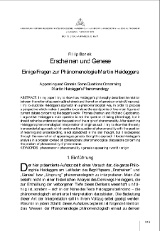 Erscheinen und Genese. Einige Fragen zur Ph&auml;nomenologie Martin Heideggers = Appearing and Genesis. Some Questions Concerning Martin Heidegger's Phenomenology