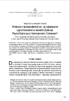 Metoda transcendentalna i jej ostateczne ugruntowanie w świetle dyskusji Paula Natorpa z Hermannem Cohenem = The Transcendental Method and its Ultimate Justification in the Light of Discussion between Paul Natorp and Hermann Cohen