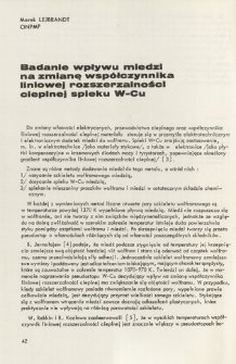 Badanie wpływu miedzi na zmiane wsp&oacute;łczynnika liniowej rozszerzalności cieplnej spieku W-Cu = Copper influence on the linear thermal expansion coefficient changes of the W-Cu sinter