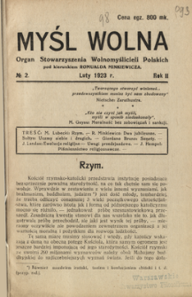 Myśl Wolna : organ Stow. Wolnomyślicieli Polskich, Rok 2, Nr. 2