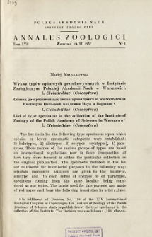 List of type specimens in the collection of the Institute of Zoology of the Polish Academy of Sciences in Warszawa. 1, Cicindelidae (Coleoptera)