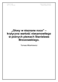 "Głosy w nieznane noce" - krytyczna wartość niesamowitego w p&oacute;źnych pismach Stanisława Brzozowskiego