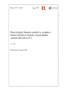Pieśni religijne Mazur&oacute;w pruskich w związku z rokiem kościelnym ułożone (na przykładzie "piosnek adwentowych")