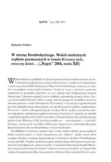 W stronę Dembołęckiego. Wok&oacute;ł niekt&oacute;rych wątk&oacute;w poruszonych w tomie "Krwawy świt, mroczny dzień..." ("Napis" 2006, seria XII)