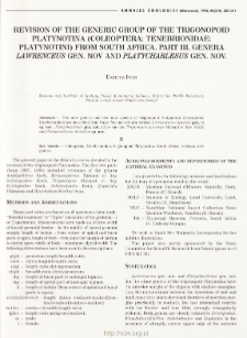 Revision of the generic group of the trigonopoid Platynotina (Coleoptera: Tenebrionidae: Platynotini) from South Africa. Part 3, Genera Lawrenceus gen. nov. and Platycharlesus gen. nov. /