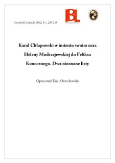 Karol Chłapowski w imieniu swoim oraz Heleny Modrzejewskiej do Feliksa Konecznego. Dwa nieznane listy