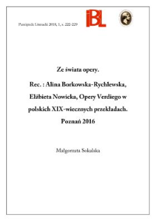 Ze świata opery. Rec.: Alina Borkowska-Rychlewska, Elżbieta Nowicka, Opery Verdiego w polskich XIX-wiecznych przekładach. Poznań 2016