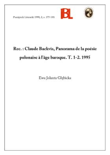 Claude Backvis, Panorama de la po&eacute;sie polonaise &agrave; l'&acirc;ge baroque. T. 1-2. [b. m.] 1995