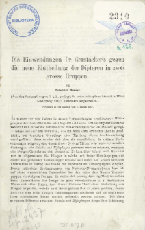 Die Einwendungen Dr. Gerst&auml;cker's gegen die neue Eintheilung der Dipteren in zwei grosse Gruppen
