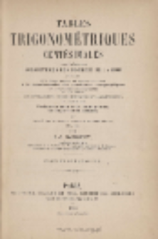 Tables trigonom&eacute;triques cent&eacute;simales : pr&eacute;c&eacute;d&eacute;es des logarithmes des nombres de 1 &agrave; 10000, suivies d'un grand nombre de tables relatives &agrave; la transformation des coordonn&eacute;es topographiques en coordonn&eacute;es g&eacute;ographiques et vice versa ; aux nivellements trigonom&eacute;triques et barom&eacute;triques ; au calcul de l'azimut du soleil et de l'&eacute;toile polaire, du temps et de la latitude ; au trac&eacute; des courbes avec le tach&eacute;om&egrave;tre etc., etc.