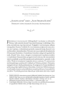 &bdquo;Agezylausz&rdquo; jako &bdquo;Agis Spartańczyk&rdquo;. Nieznany odpis dramatu Juliusza Słowackiego