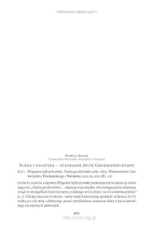 Scena i polityka &ndash; teatralne życie Grodzieńszczyzny. Rec.: Zbigniew Jędrychowski, &bdquo;Teatra grodzieńskie 1784&ndash;1864&rdquo;, Warszawa 2012