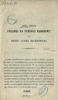 Lista druga składki na Fundusz Narodowy dla Dzieci Adama Mickiewicza.