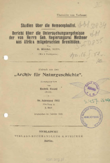 Studien &uuml;ber die Nemocephalini: Bericht &uuml;ber die Untersuchungsergebnisse der von Herrn Geh. Regierungsrat Methner aus Afrika mitgebrachten Brenthiden