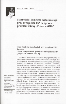 Stanowisko Komitetu Biotechnologii przy Prezydium PAN w sprawie projektu ustawy &bdquo;Prawo o GMO&rdquo;