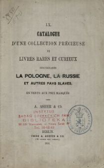 Catalogue d'une collection précieuse de livres rares et curieux concernants la Pologne, la Russie et autres pays slaves