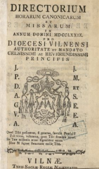 Directorium Horarum Canonicarum Et Missarum In Annum Domini 1779
