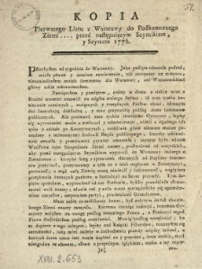 Kopia Pierwszego Listu z Warszawy do Podkomorzego Ziemi .... przed następuiącym Seymikiem y Seymem 1776