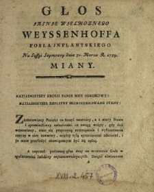 Głos Jasnie Wielmoznego Weyssenhoffa Posła Jnflantskiego Na Sessyi Seymowey dnia 30. Marca R. 1789. Miany