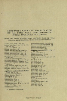 Skorowidz nazw systematycznych do I-go tomu Acta Ornithologica Musei Zoologici Polonici