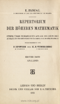 Repertorium der Höheren Mathematik. 1. Hälfte., 1. Bd., Analysis. Algebra, Differetial- und Integralrechnung. The front page and extras