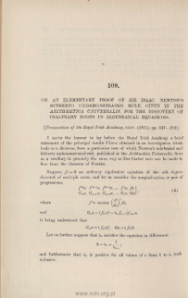 On an elementary proof of Sir Isaac Newton's hitherto undemonstrated rule given in the Arithmetica Universalis, for the discovery of imaginary roots in algebraical equations
