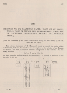 [Addition to mr Hammond's paper "Note on an exceptonal case in which the fundamental postulate of professor Sylvester's theory of tamisage fails."]