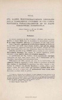 Sul camp elettromagnetico generato dalla traslazione uniforme di una carica elettrica parallelamente ad un piano conduttore indefinito. &laquo; Nuovo Cimento &raquo;, s. 5&ordf;, vol. Vi (1903), pp. 442-455