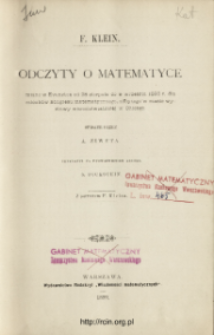 Odczyty o matematyce miane w Evanston od 28 sierpnia do 9 września 1893 r. dla członków kongresu matematycznego, odbytego w czasie wystawy wszechświatowej w Chicago