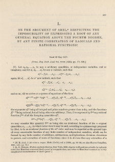 On the Argument of Abel, respecting the Impossibility of expressing a Root of any General Equation above the Fourth Degree, by any finite Combination of Radicals and Rational Functions (1837)